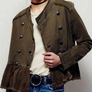 Free People Olive Green Denim Military Style Ruffle Jacket